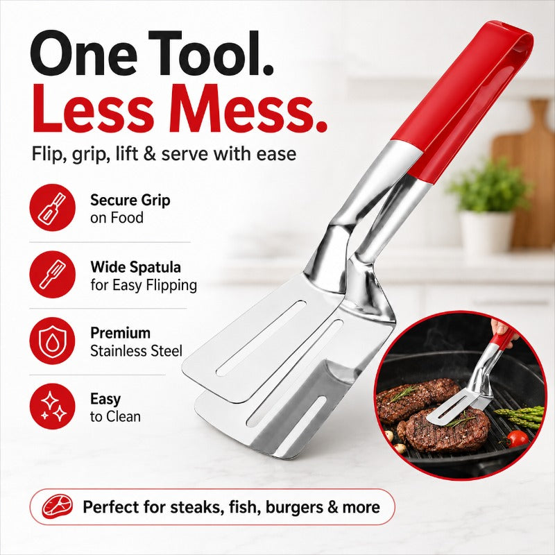 🔥 BUY 1 GET 1 FREE – 2-in-1 Stainless Steel Spatula Tongs | Flip, Grip & Serve with Ease