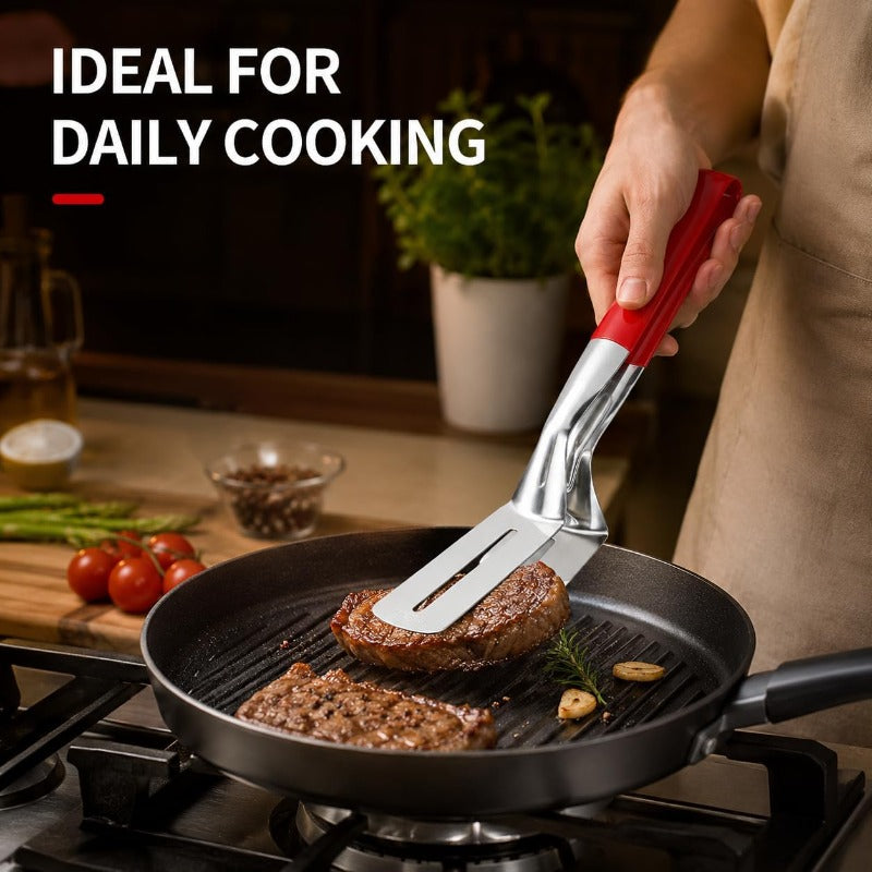 🔥 BUY 1 GET 1 FREE – 2-in-1 Stainless Steel Spatula Tongs | Flip, Grip & Serve with Ease