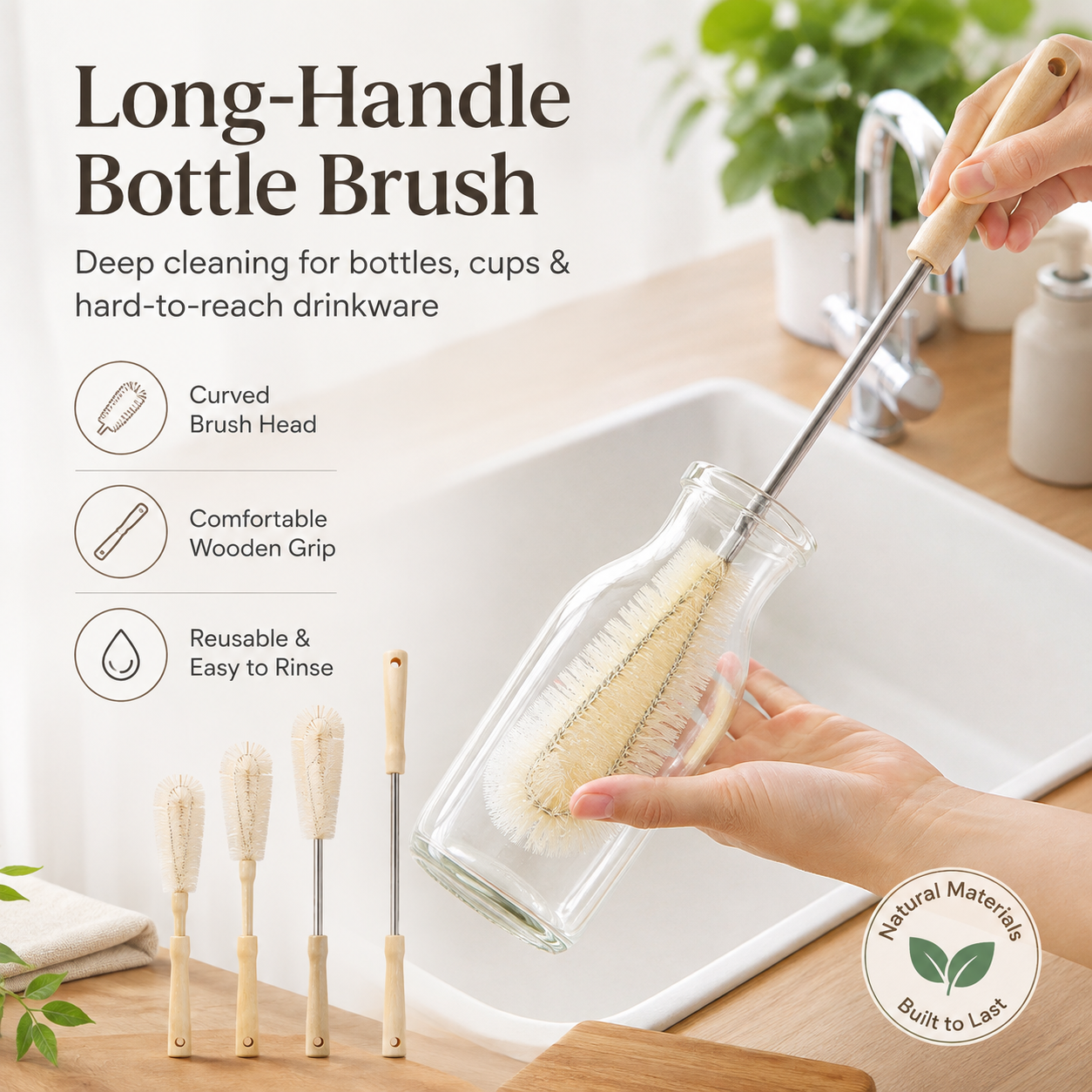 Long-Handle Wooden Bottle & Cup Cleaning Brush
