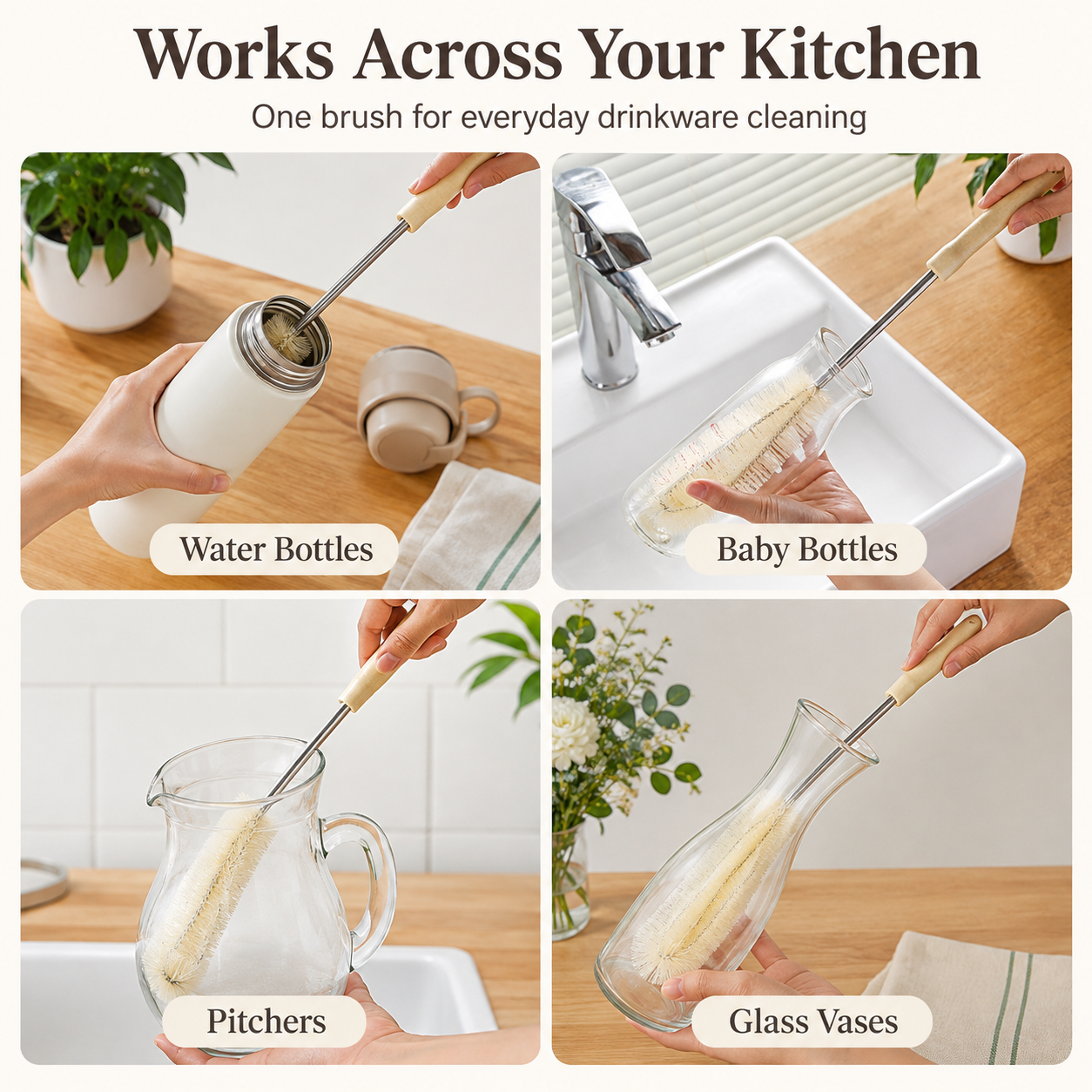 Long-Handle Wooden Bottle & Cup Cleaning Brush