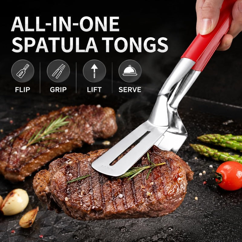 🔥 BUY 1 GET 1 FREE – 2-in-1 Stainless Steel Spatula Tongs | Flip, Grip & Serve with Ease