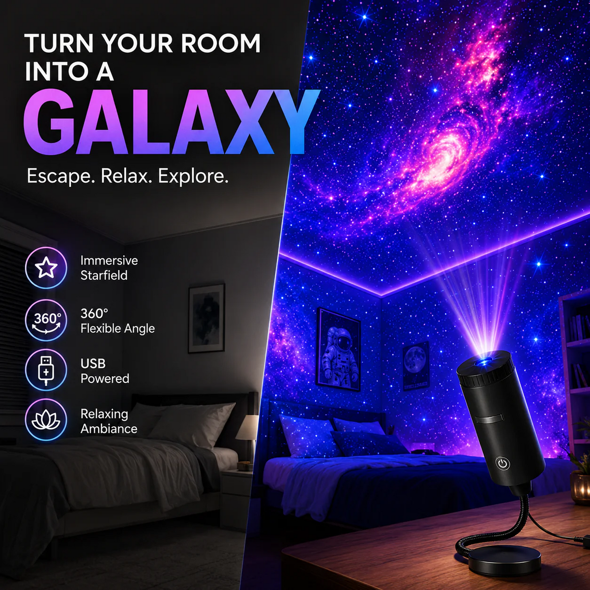 Plug-&-Play HD Star Projector – Galaxy, Butterfly & Ocean Scenes